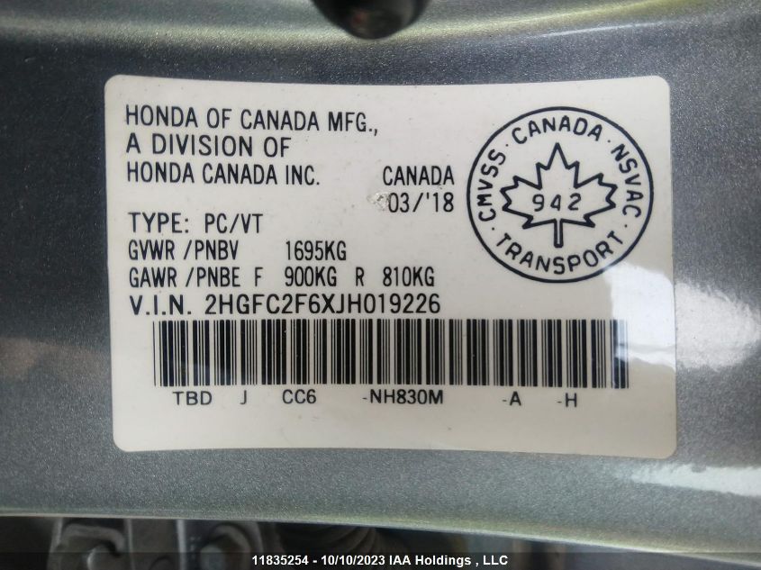 2018 Honda Civic VIN: 2HGFC2F6XJH019226 Lot: 11835254