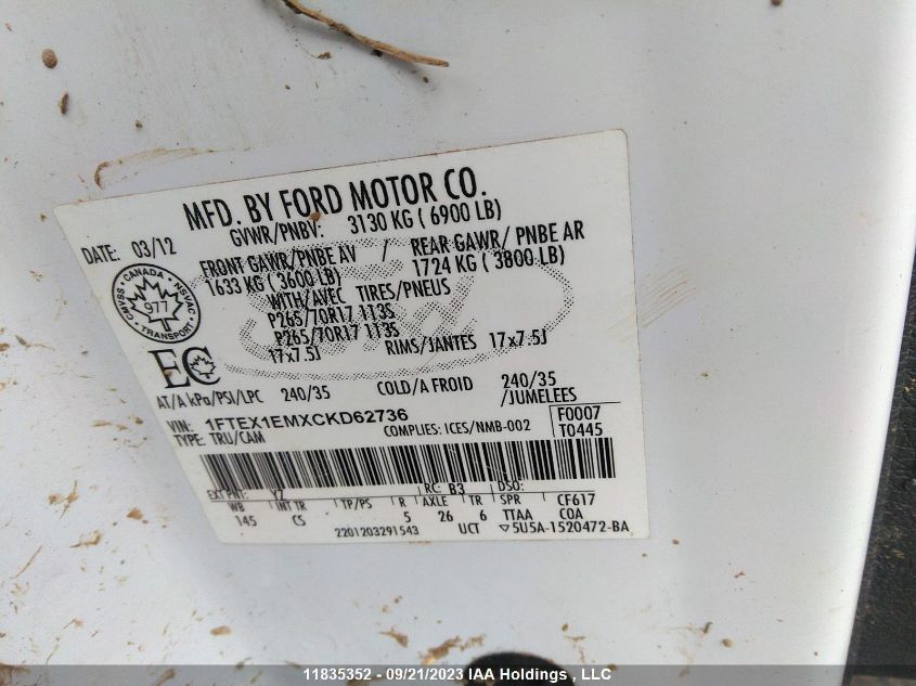 2012 Ford F-150 Xl/Stx/Xlt VIN: 1FTEX1EMXCKD62736 Lot: 11835352