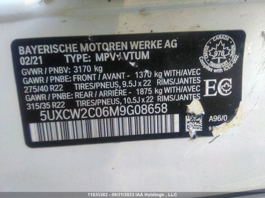 2021 BMW X7 xDrive40I VIN: 5UXCW2C06M9G08658 Lot: 11835383