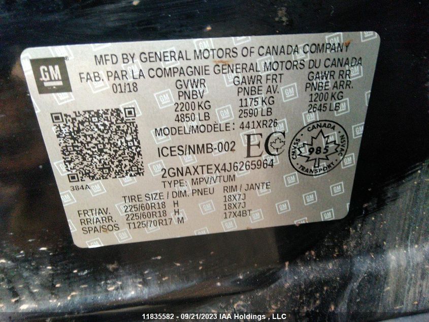 2018 Chevrolet Equinox Lt VIN: 2GNAXTEX4J6265964 Lot: 11835582