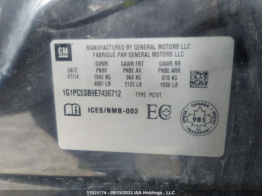 2014 Chevrolet Cruze VIN: 1G1PC5SB9E7436712 Lot: 11835774