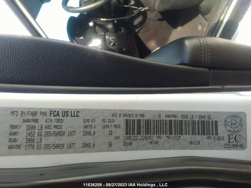 2018 Dodge Durango VIN: 1C4RDJDG1JC242451 Lot: 11836209