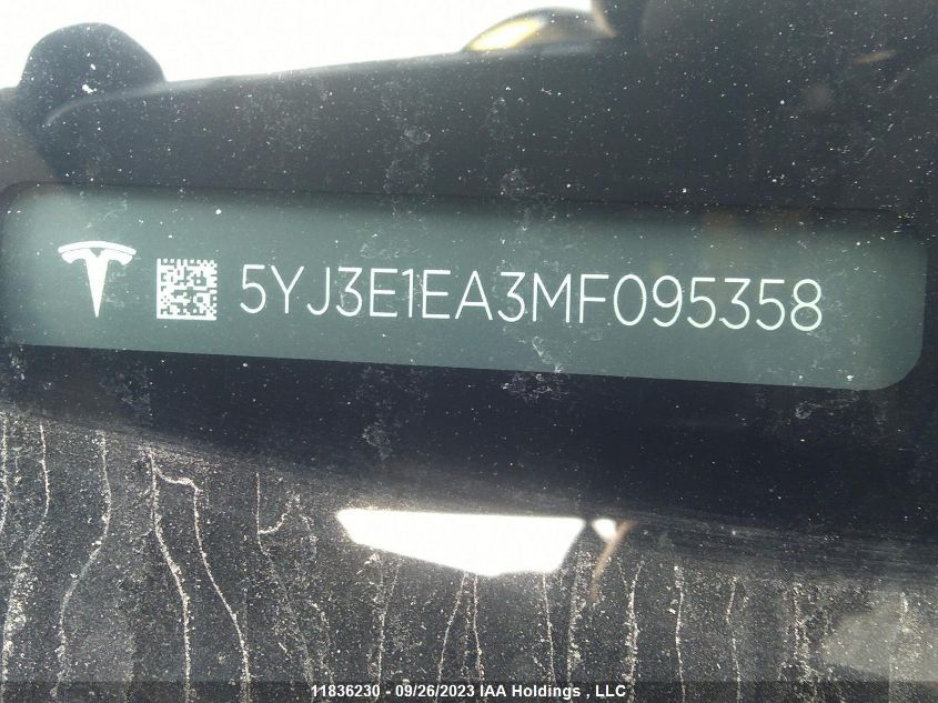 2021 Tesla Model 3 Standard Range VIN: 5YJ3E1EA3MF095358 Lot: 11836230