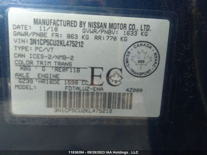 2019 Nissan Kicks VIN: 3N1CP5CU2KL475212 Lot: 11836284