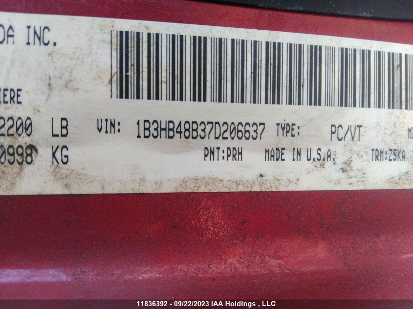 2007 Dodge Caliber Sxt VIN: 1B3HB48B37D206637 Lot: 11836392