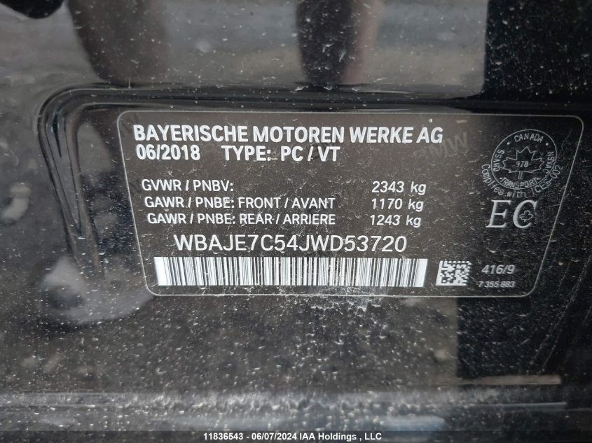 2018 BMW 5 Series 540I xDrive VIN: WBAJE7C54JWD53720 Lot: 11836543