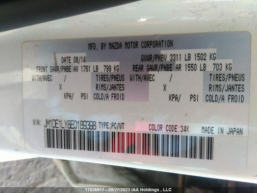 2014 Mazda Mazda2 VIN: JM1DE1LY8E0189398 Lot: 11836617