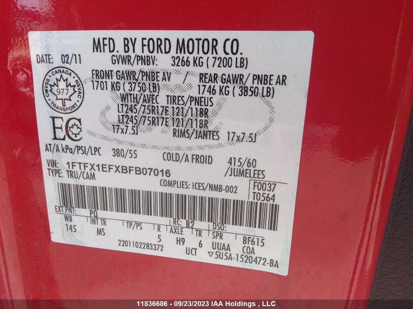 2011 Ford F-150 Xl/Stx/Xlt/Fx4/Lariat VIN: 1FTFX1EFXBFB07016 Lot: 11836686