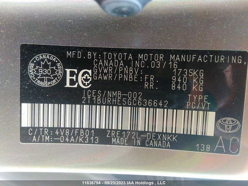 2016 Toyota Corolla Ce/S/Le VIN: 2T1BURHE5GC636642 Lot: 11836794