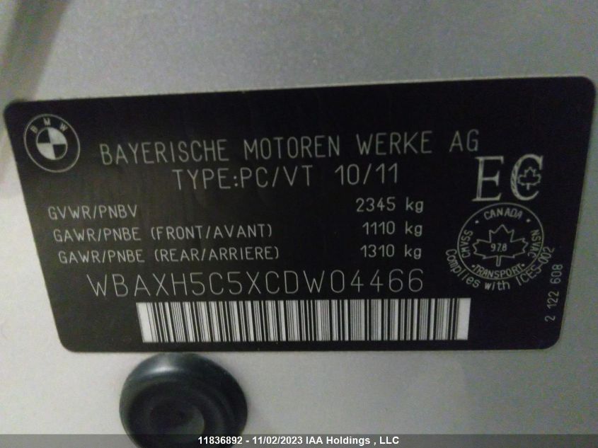 2012 BMW 5 Series 528I xDrive VIN: WBAXH5C5XCDW04466 Lot: 11836892