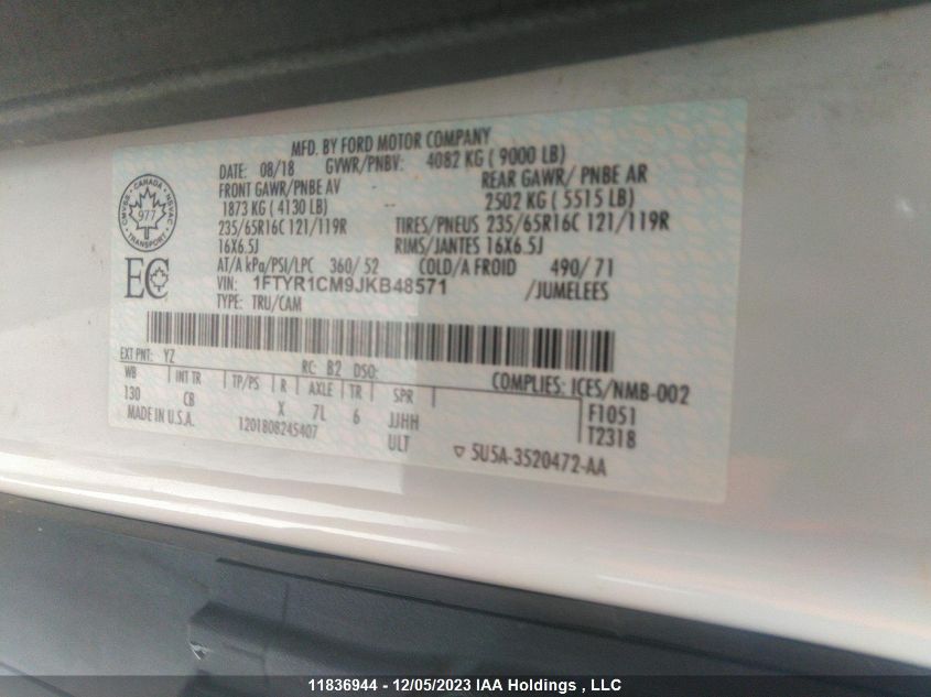 2018 Ford Transit Van VIN: 1FTYR1CM9JKB48571 Lot: 11836944