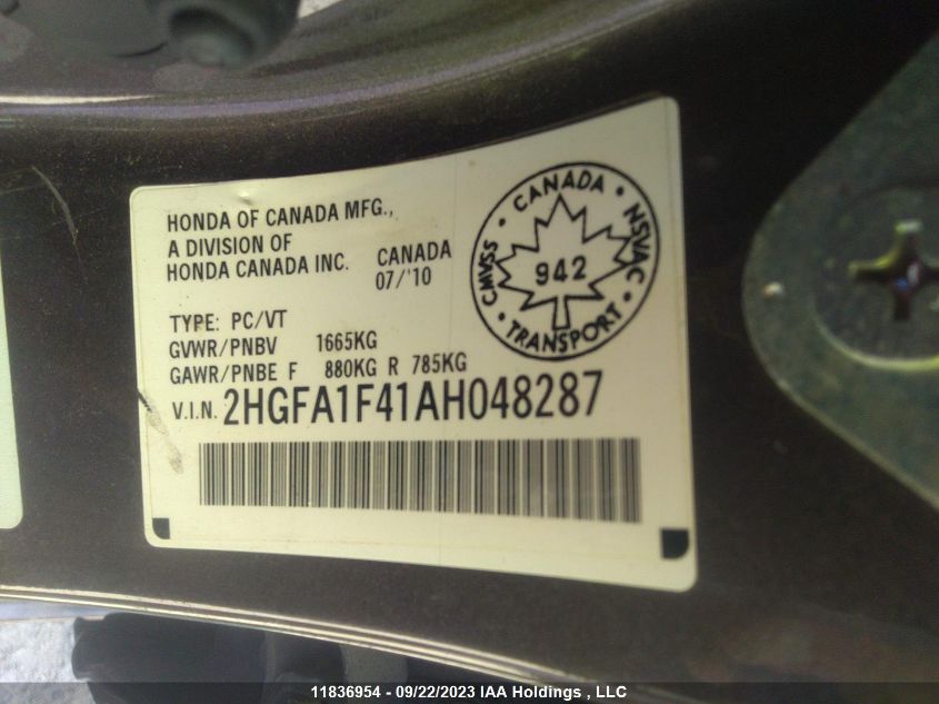 2010 Honda Civic Sdn Dx-G VIN: 2HGFA1F41AH048287 Lot: 11836954