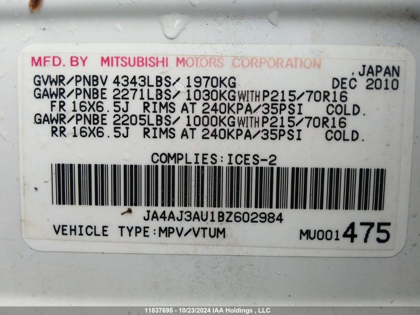 2011 Mitsubishi Rvr VIN: JA4AJ3AU1BZ602984 Lot: 11837695