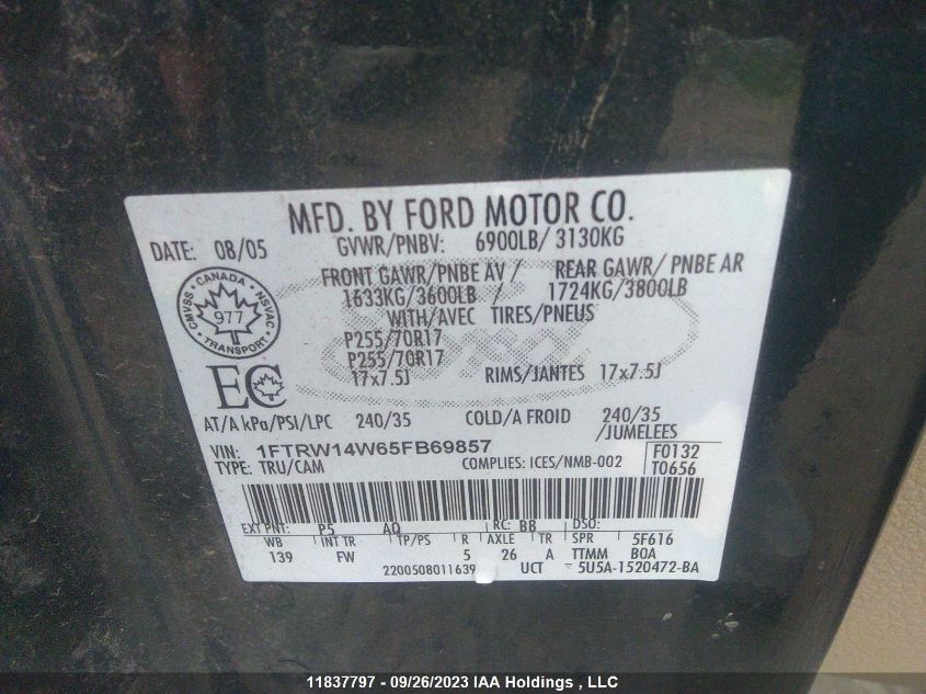 2005 Ford F-150 Xlt VIN: 1FTRW14W65FB69857 Lot: 11837797