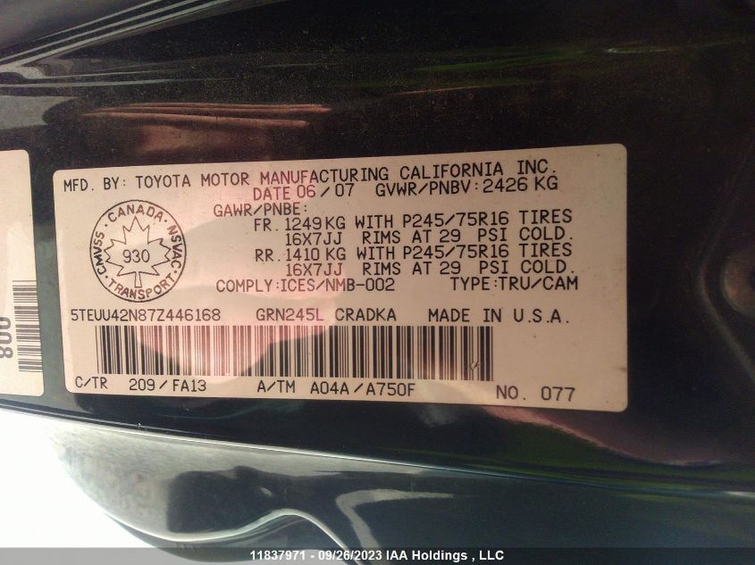 2007 Toyota Tacoma VIN: 5TEUU42N87Z446168 Lot: 11837971