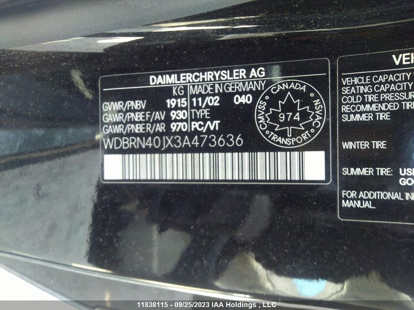 2003 Mercedes-Benz C-Class 1.8L VIN: WDBRN40JX3A473636 Lot: 11838115