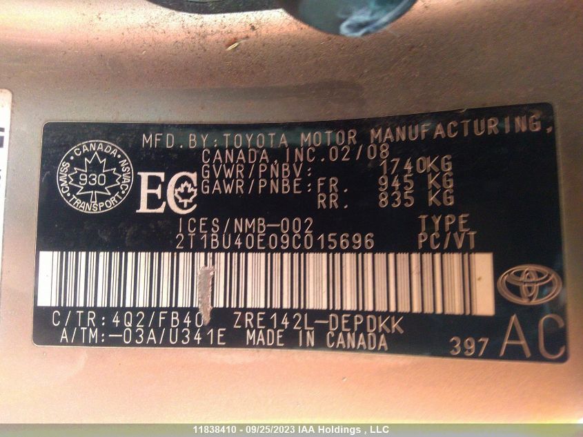 2009 Toyota Corolla Ce/S/Le VIN: 2T1BU40E09C015696 Lot: 11838410