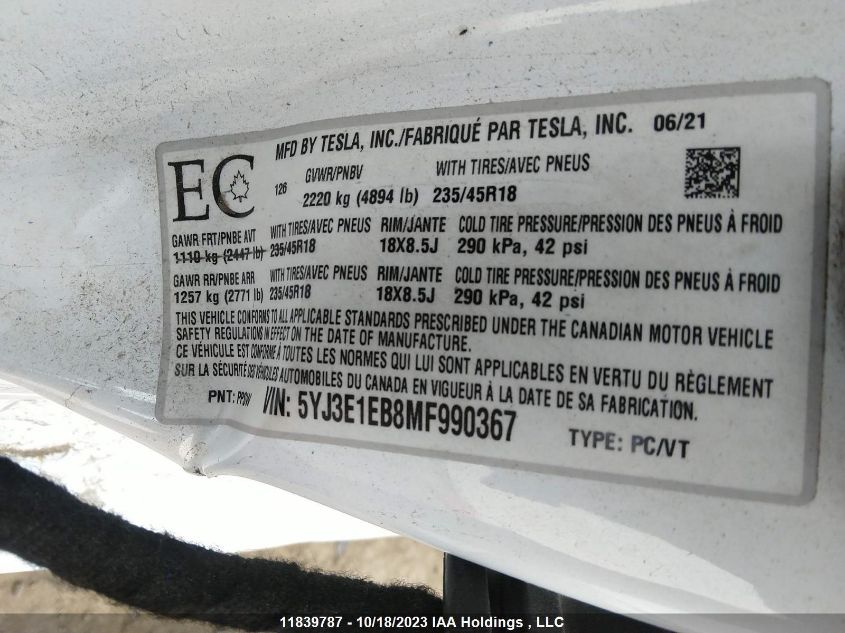 2021 Tesla Model 3 Long Range VIN: 5YJ3E1EB8MF990367 Lot: 11839787