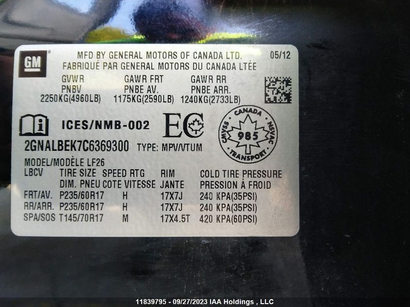 2012 Chevrolet Equinox Ls VIN: 2GNALBEK7C6369300 Lot: 11839795