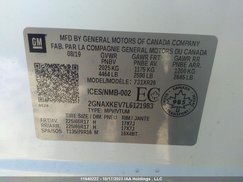 2020 Chevrolet Equinox Lt VIN: 2GNAXKEV7L6121983 Lot: 11840222