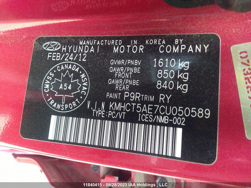 2012 Hyundai Accent Gl VIN: KMHCT5AE7CU050589 Lot: 11840415