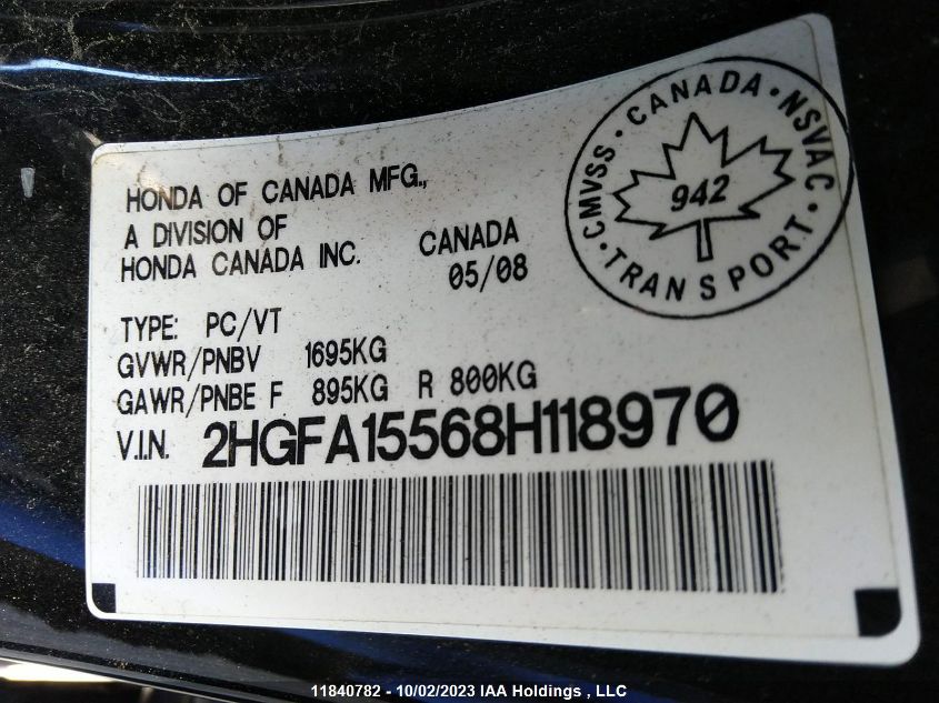 2008 Honda Civic VIN: 2HGFA15568H118970 Lot: 11840782