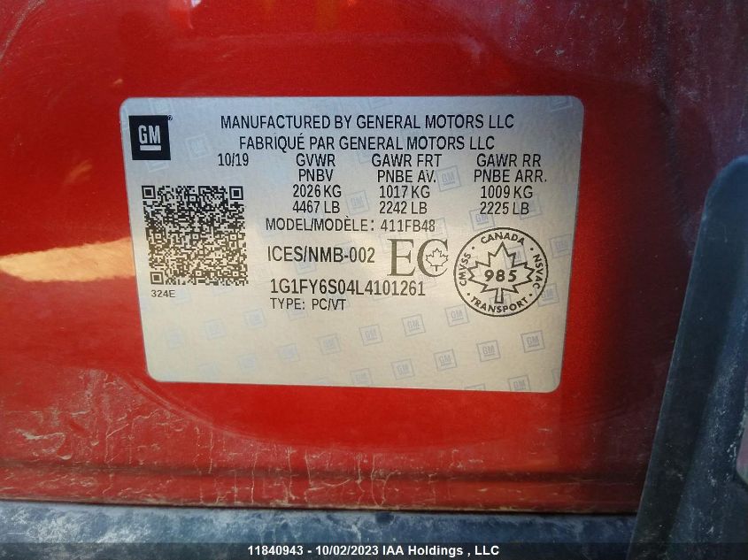 2020 Chevrolet Bolt Ev Lt VIN: 1G1FY6S04L4101261 Lot: 11840943