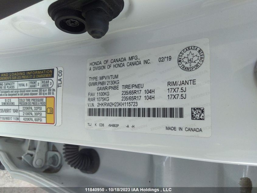 2019 Honda Cr-V Lx VIN: 2HKRW2H23KH115723 Lot: 11840950