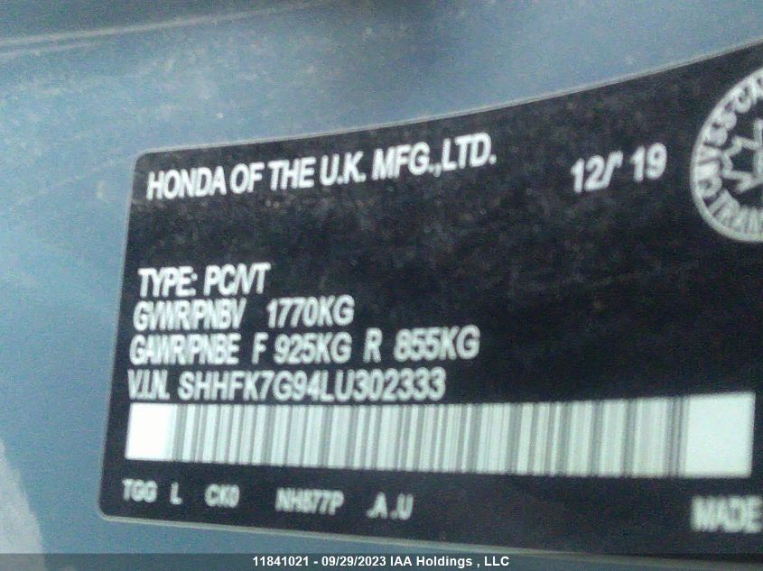 2020 Honda Civic VIN: SHHFK7G94LU302333 Lot: 11841021