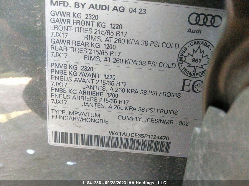 2023 Audi Q3 Komfort VIN: WA1AUCF35P1124470 Lot: 11841236