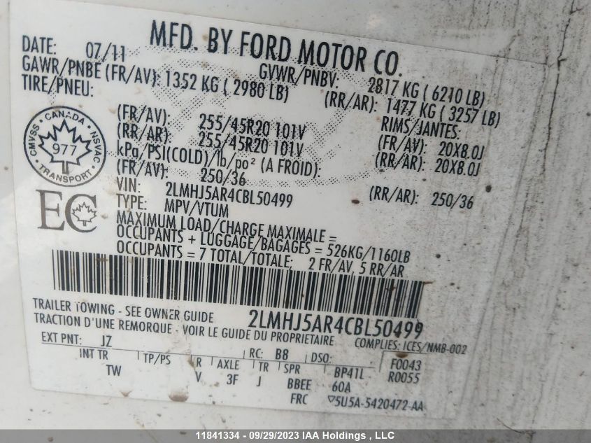 2012 Lincoln Mkt VIN: 2LMHJ5AR4CBL50499 Lot: 11841334