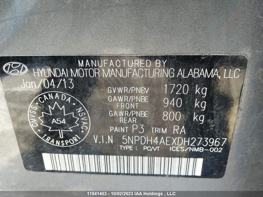 2013 Hyundai Elantra Gls VIN: 5NPDH4AEXDH273967 Lot: 11841403