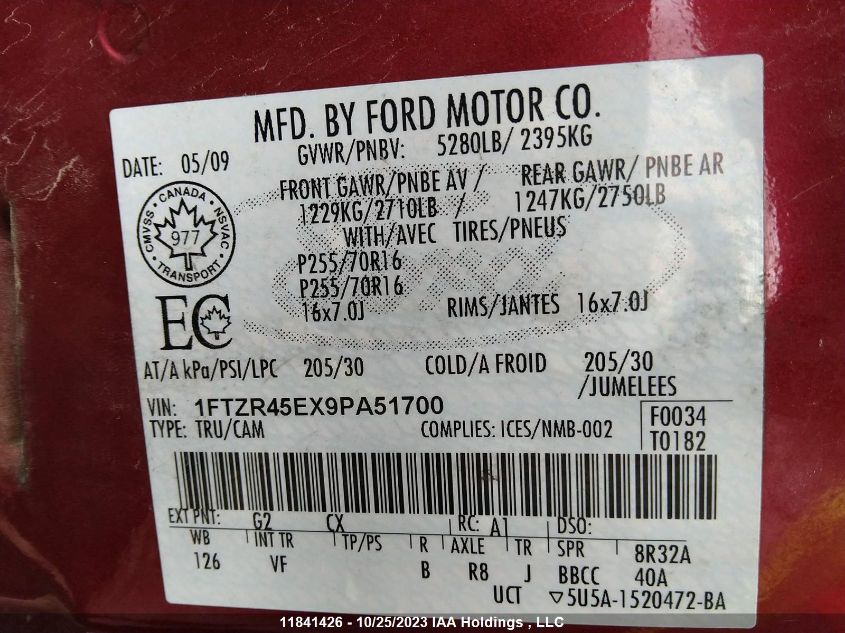 2009 Ford Ranger VIN: 1FTZR45EX9PA51700 Lot: 11841426