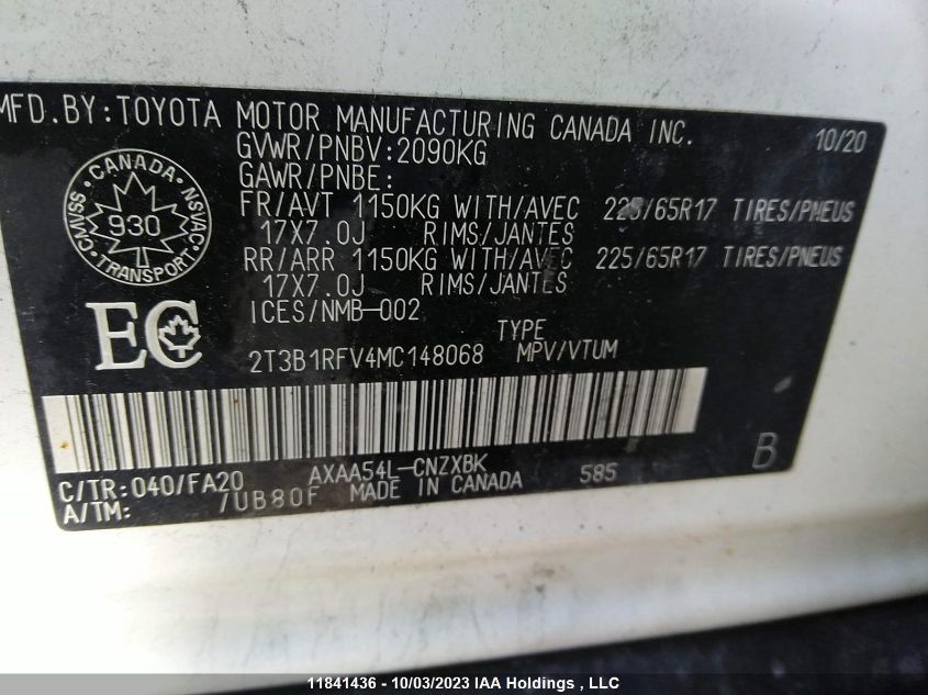 2021 Toyota Rav4 Le VIN: 2T3B1RFV4MC148068 Lot: 11841436