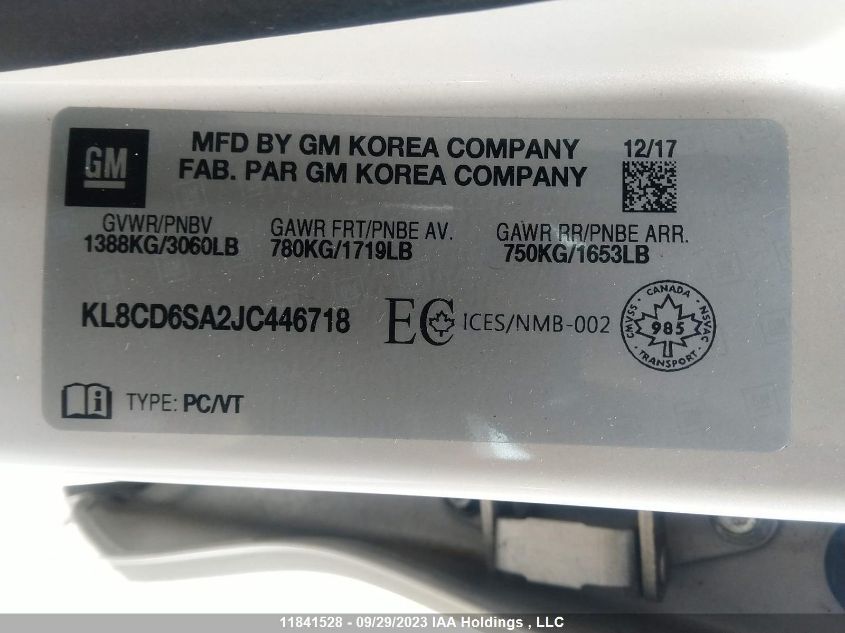 2018 Chevrolet Spark VIN: KL8CD6SA2JC446718 Lot: 11841528