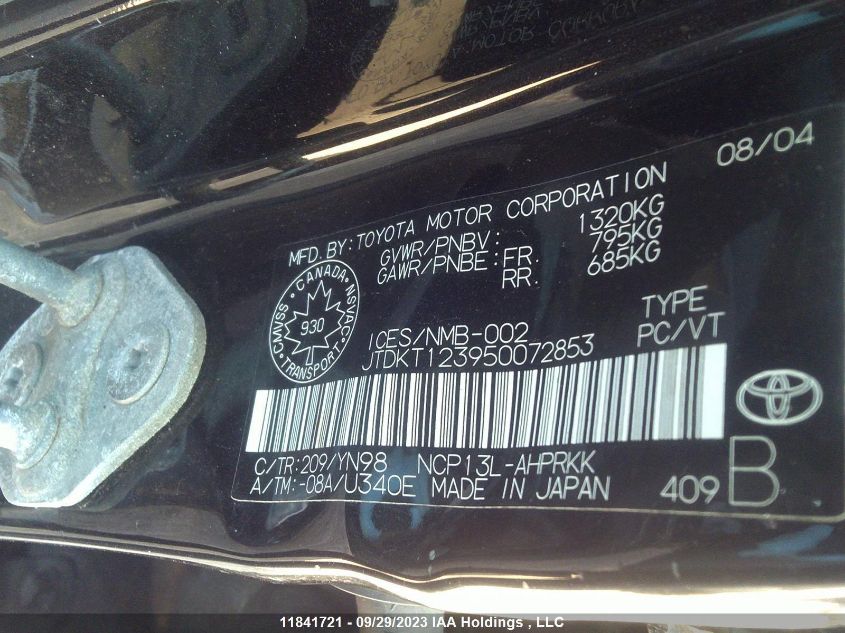 2005 Toyota Echo Le VIN: JTDKT123950072853 Lot: 11841721