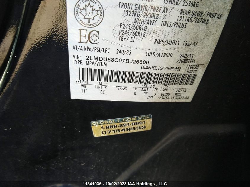 2007 Lincoln Mkx VIN: 2LMDU88C07BJ26600 Lot: 11841936