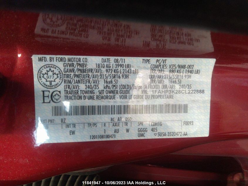 2012 Ford Focus Se VIN: 1FAHP3K28CL222888 Lot: 11841947