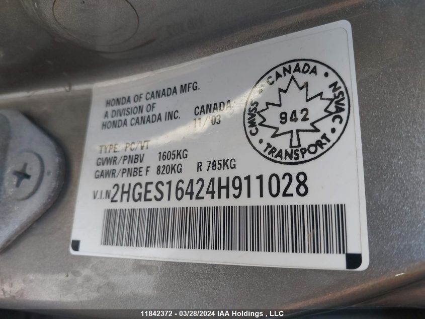 2004 Honda Civic Sdn Dx-G VIN: 2HGES16424H911028 Lot: 11842372