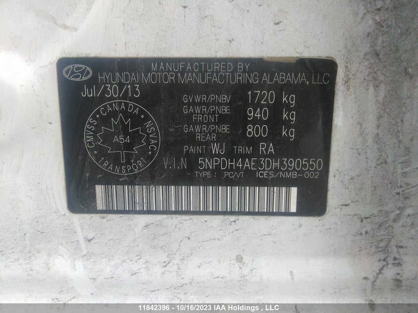 2013 Hyundai Elantra VIN: 5NPDH4AE3DH390550 Lot: 11842396