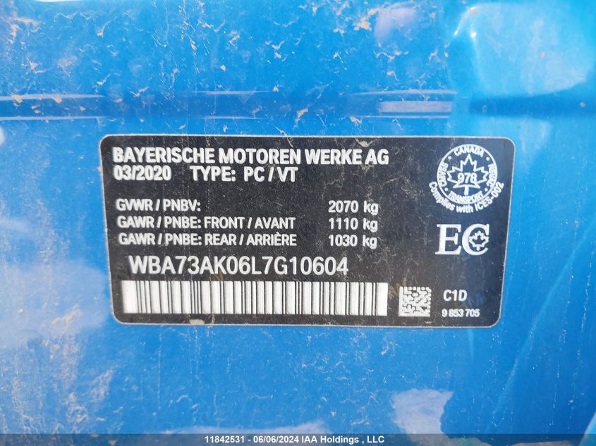 2020 BMW 2 Series 228I xDrive VIN: WBA73AK06L7G10604 Lot: 11842531