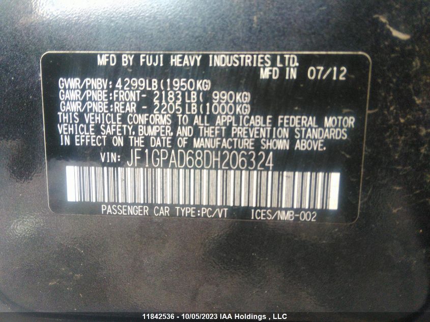 2013 Subaru Impreza VIN: JF1GPAD68DH206324 Lot: 11842536