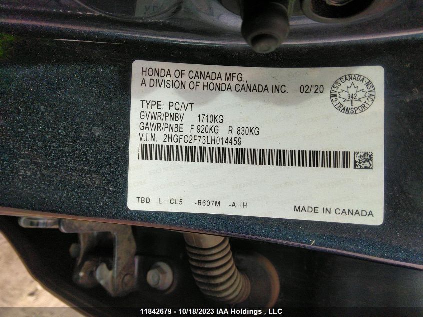 2020 Honda Civic VIN: 2HGFC2F73LH014459 Lot: 11842679