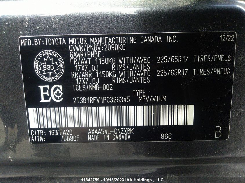 2023 Toyota Rav4 Le VIN: 2T3B1RFV1PC326345 Lot: 11842759