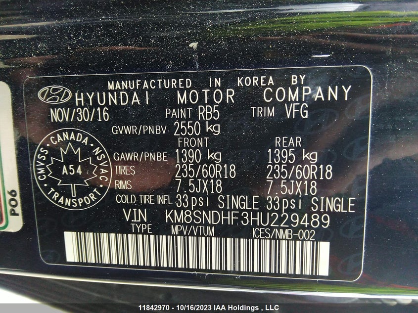 2017 Hyundai Santa Fe VIN: KM8SNDHF3HU229489 Lot: 11842970