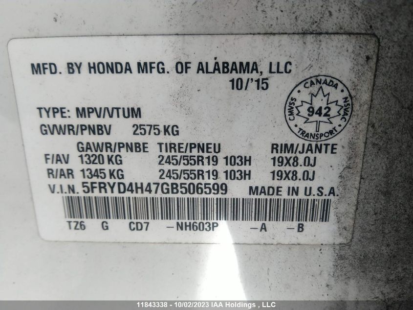 2016 Acura Mdx VIN: 5FRYD4H47GB506599 Lot: 11843338