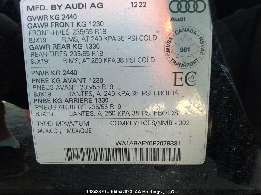 2023 Audi Q5 Komfort VIN: WA1ABAFY6P2079331 Lot: 11843379