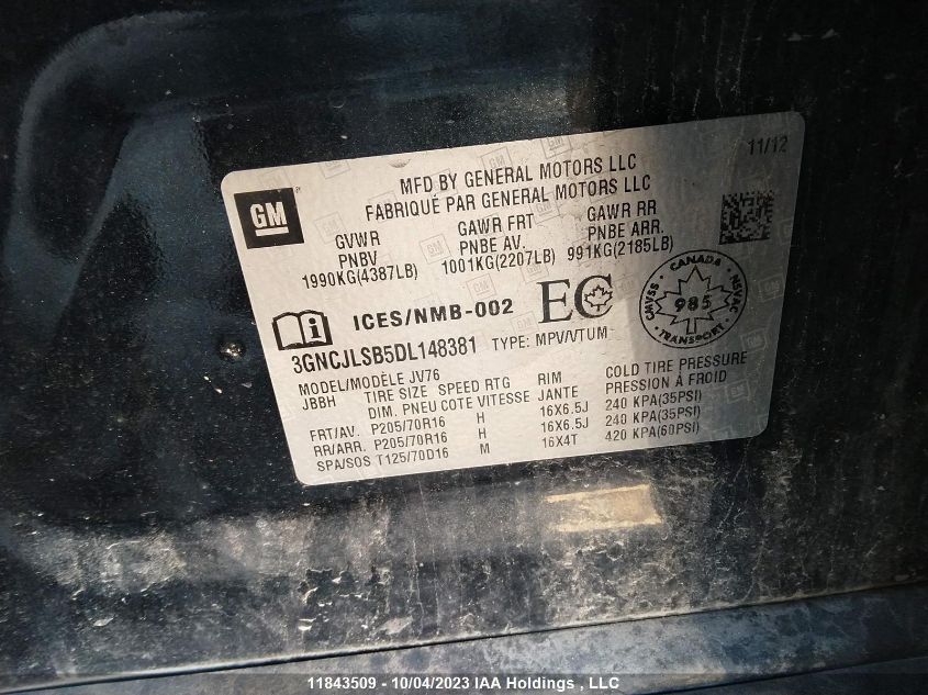 2013 Chevrolet Trax VIN: 3GNCJLSB5DL148381 Lot: 11843509