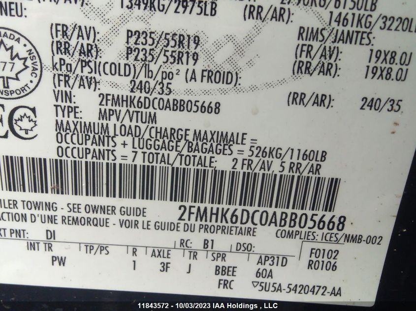 2010 Ford Flex Limited VIN: 2FMHK6DC0ABB05668 Lot: 11843572