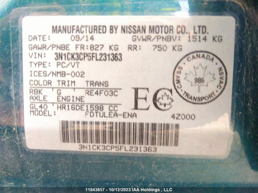 2015 Nissan Micra S/Sv/Sr VIN: 3N1CK3CP5FL231363 Lot: 11843657